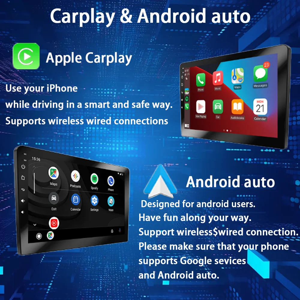 9Inch/10Inch 1 DIN Universal Multimedia Video Player, Car Radio, Android 13 with Carplay Wifi, GPS, Bluetooth, Audio