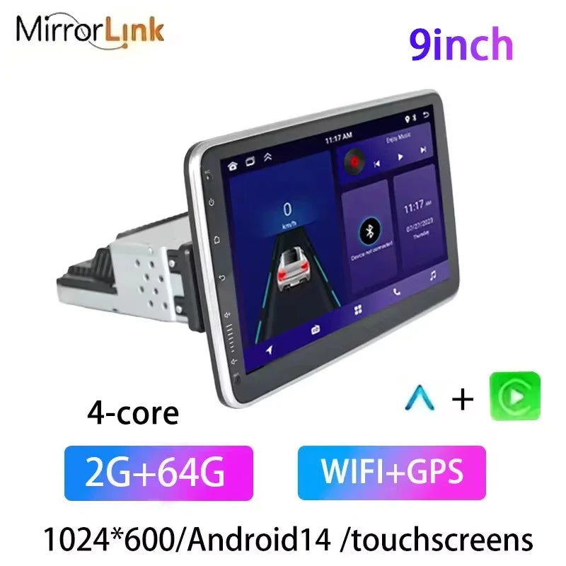 1Din Android14 9/10Inch Car Stereo Radio Rotate Touch Screen for Universal Carplay GPS Navigation Bluetooth WIFI Autoradio