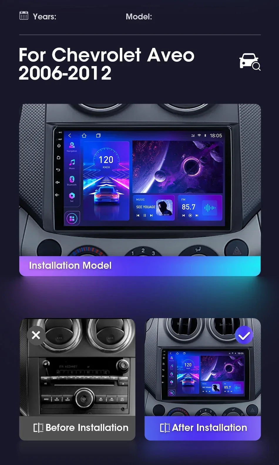 Car Radio for Chevrolet Aveo 2006 2007 2008 2009 2010 2011 2012 2Din Android 12 Carplay Multimidia Video Player Head Unit