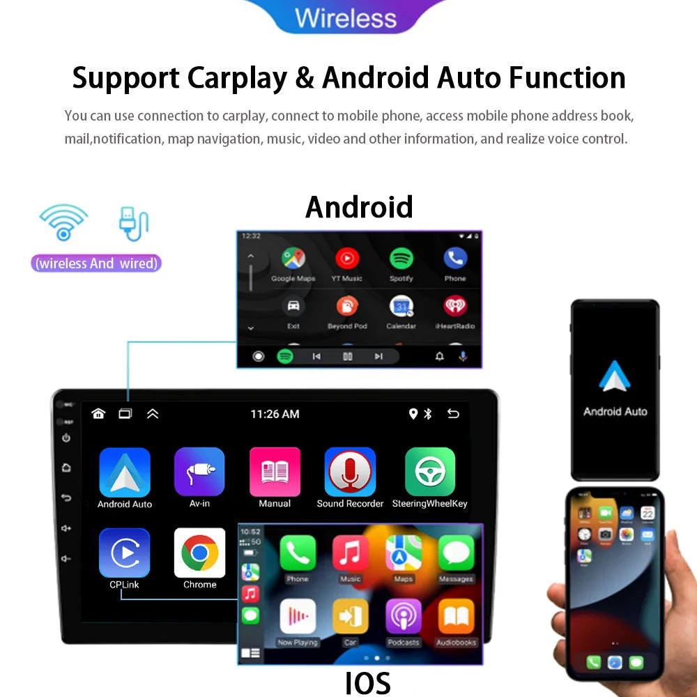 1Din Android14 9/10Inch Car Stereo Radio Rotate Touch Screen for Universal Carplay GPS Navigation Bluetooth WIFI Autoradio