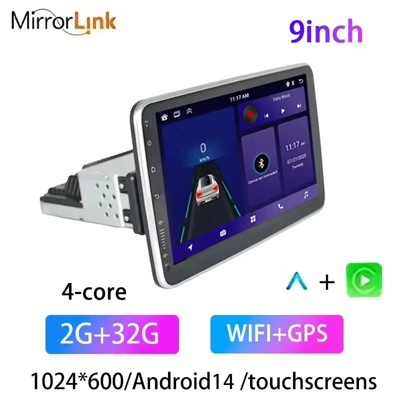 1Din Android14 9/10Inch Car Stereo Radio Rotate Touch Screen for Universal Carplay GPS Navigation Bluetooth WIFI Autoradio